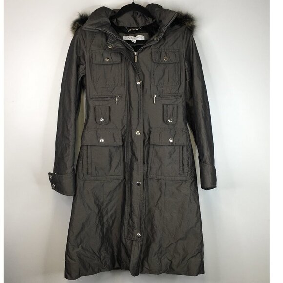 Laundry by Shelli Segal Fur Trim Hood Long Jacket Green Size XS - Picture 1 of 16